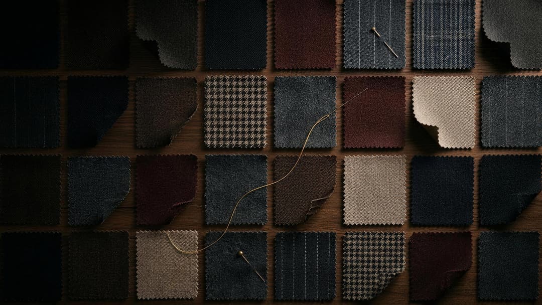 A tessellated grid of fine dark suiting fabric swatches seen from above, edges lifting, a single gold thread crossing the weave, lit by one low raking light.