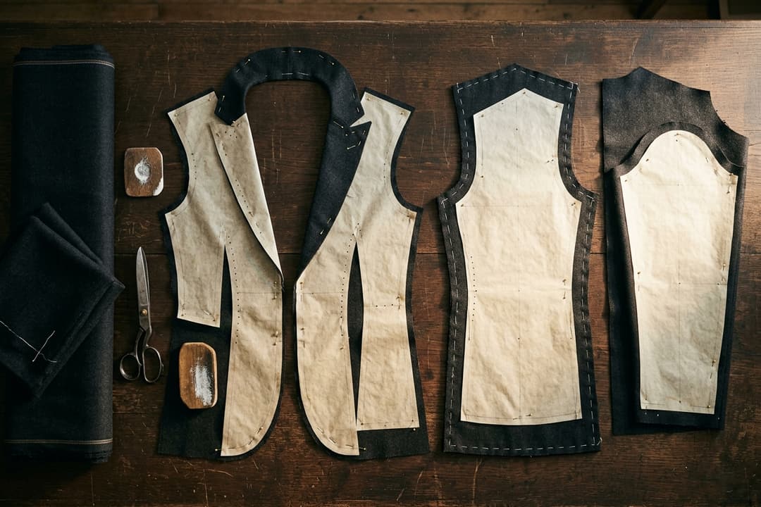Cut garment panels and translucent pattern paper pinned in working sequence across a dark cutting bench.