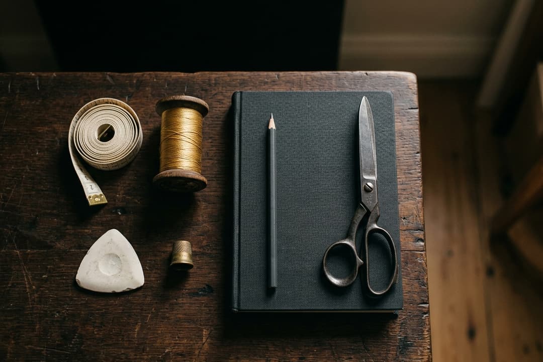 Tailor's tools laid in careful order on a dark bench at day's end, shears, tape measure, gold thread, thimble, chalk and a closed ledger.