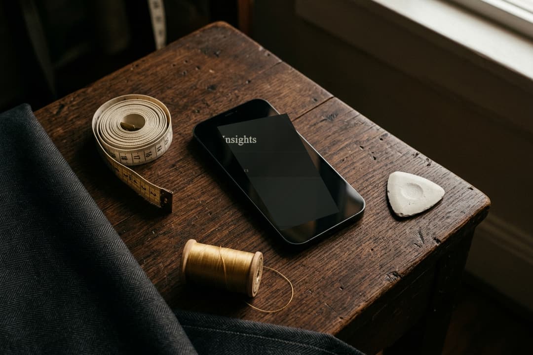 A smartphone lying flat among tailor's tools on a dark bench with a real TexoIQ dashboard capture visible on the screen.